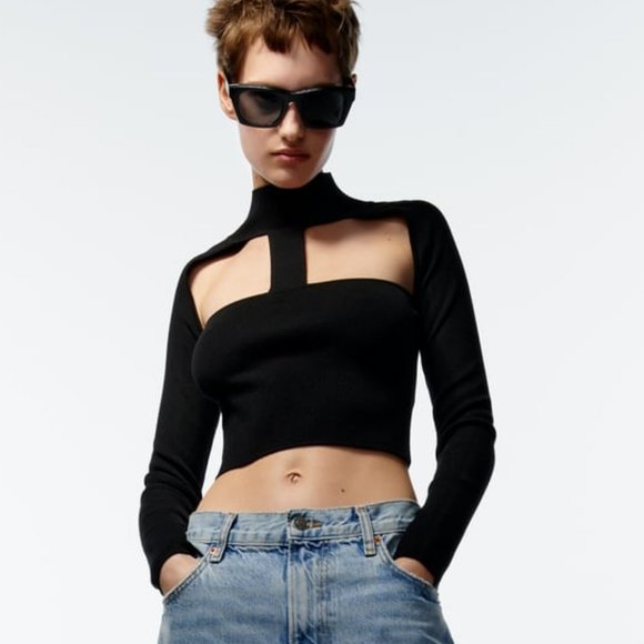 ZARA WOMAN NWT BLACK CUT OUT MOCK NECK KNIT TOP M 3519/013 - Picture 2 of 5